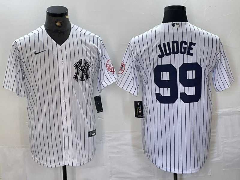 Mens New York Yankees #99 Aaron Judge Name White With Patch 2024 Cool Base Stitched Jersey